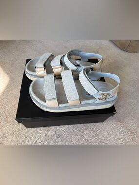 Chanel Dad Sandals Velcro CC Logo Platform – Light Blue / Beige